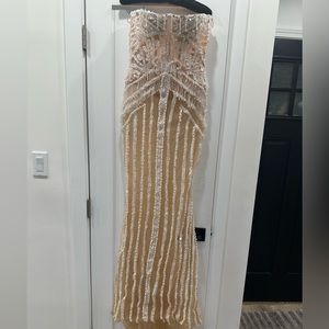 Albina Dyla Strapless Beaded Nude Evening Gown